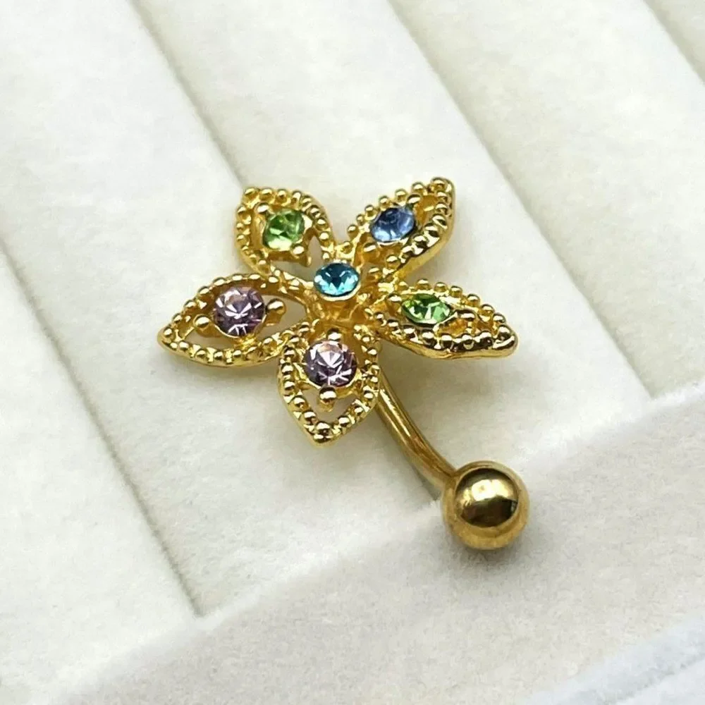 316L Stainless Steel with Multocolored Cubic Zirconia Flower 14G Belly Ring